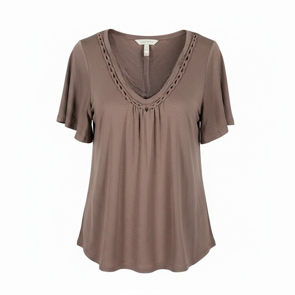 Daytrip L Brownstone Blouse Lattice V-Neck Flutter Sleeve Boho Summer Top NWT